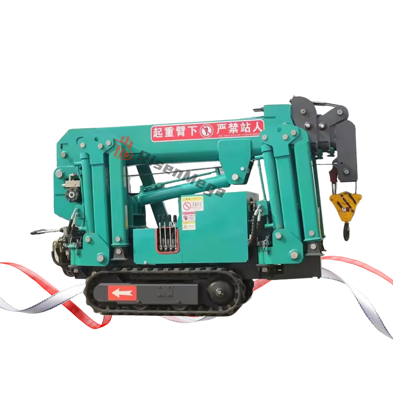 Risenmega 5-ton spider crane Maeda color with stabilizer outriggers deployed on a construction site