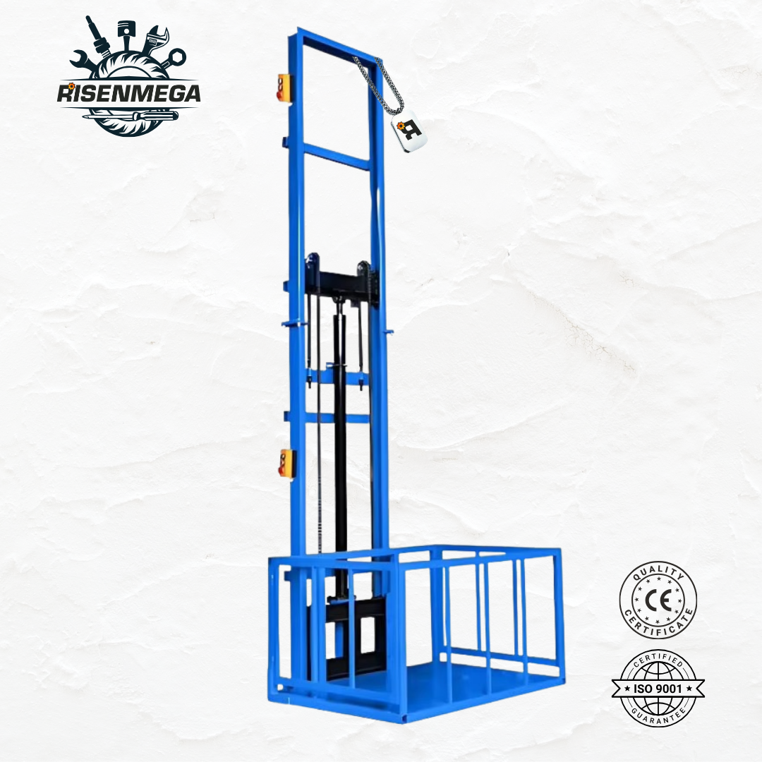 Risenmega 1-ton single rail hydraulic cargo lift installed in warehouse – 2 to 12 meter lifting height