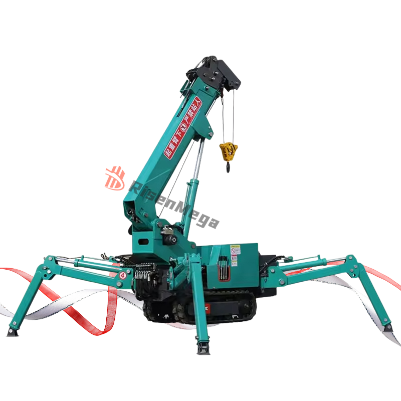 Risenmega 5-ton spider crane Maeda color with stabilizer outriggers deployed on a construction site