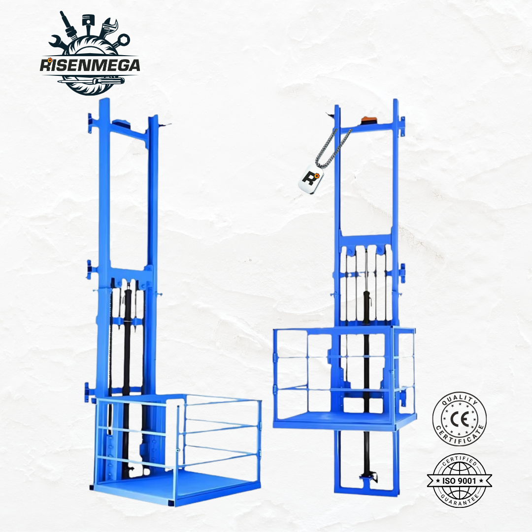 Risenmega 1-ton single rail hydraulic cargo lift installed in warehouse – 2 to 12 meter lifting height