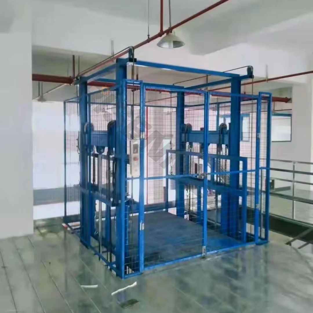 Risenmega 1 to 2 ton double rail hydraulic cargo lift for multi-floor factory goods transport