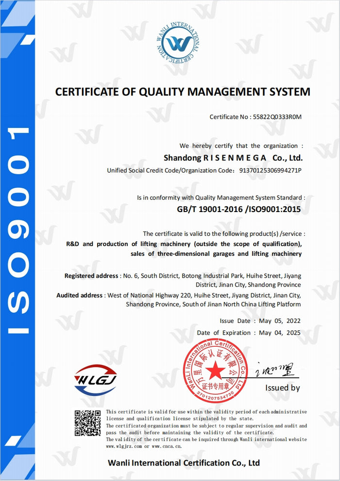 ISO 9001 quality management certificate from a Risenmega lifting-platform factory