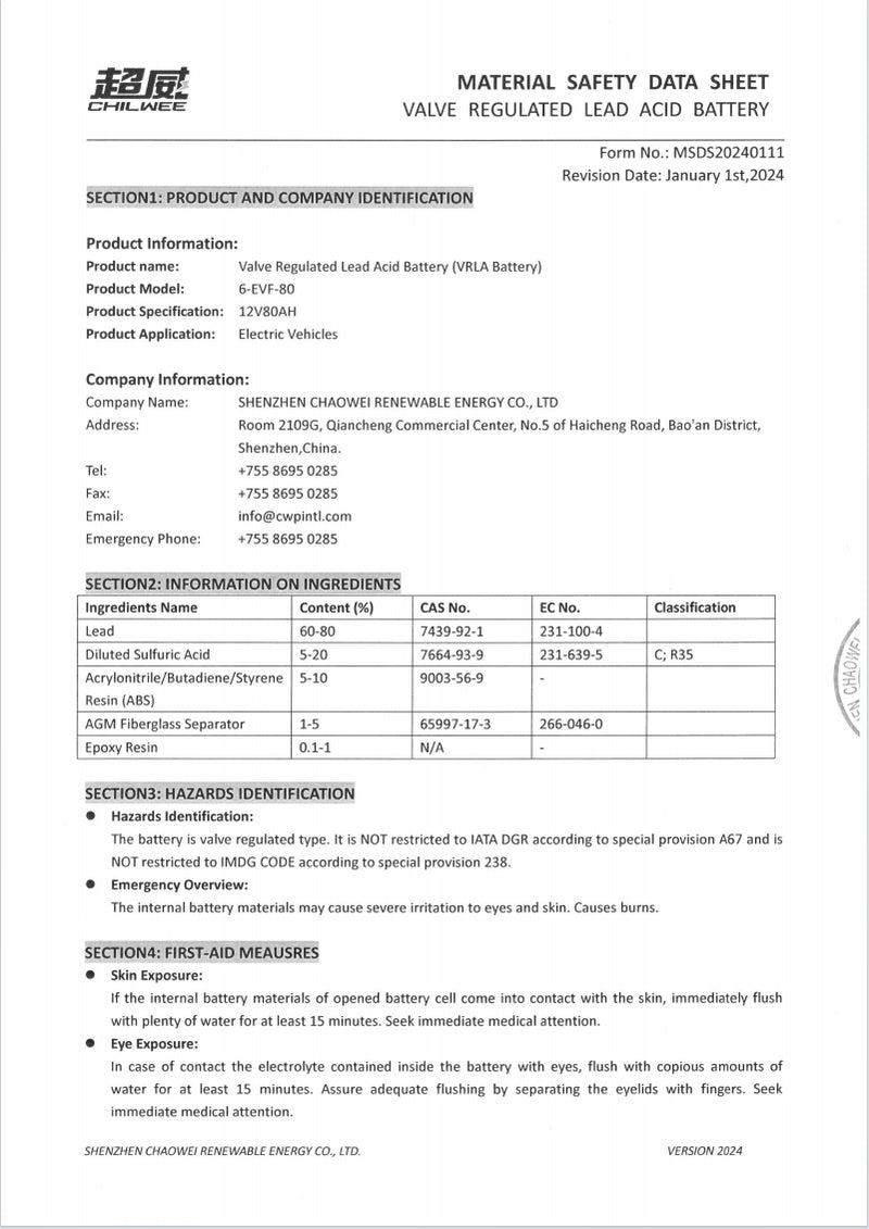 MSDS export battery safety certificate for a Risenmega electric machine