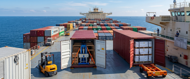 Risenmega China container consolidation: combine scissor lift, vacuum lifter and forklift in one shipment