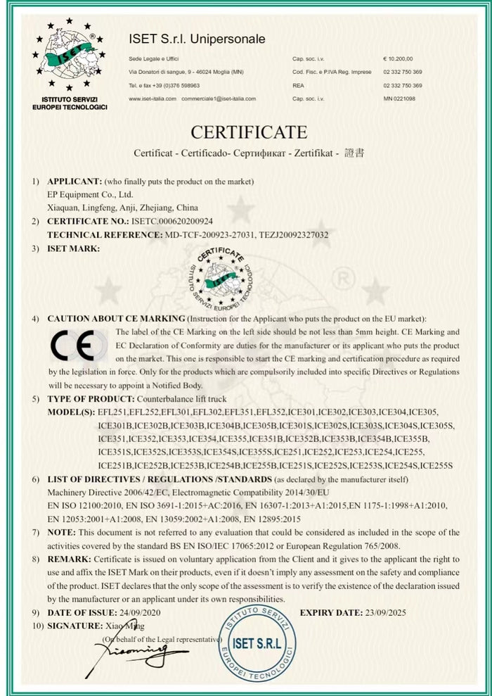 Sample CE certificate issued for a Risenmega forklift export order
