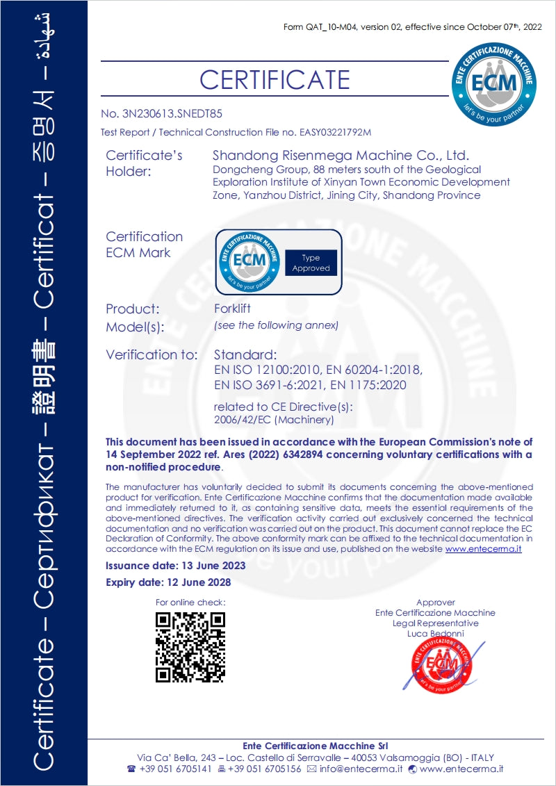 CE certificate for a Risenmega forklift truck confirming EN ISO 3691-1 compliance