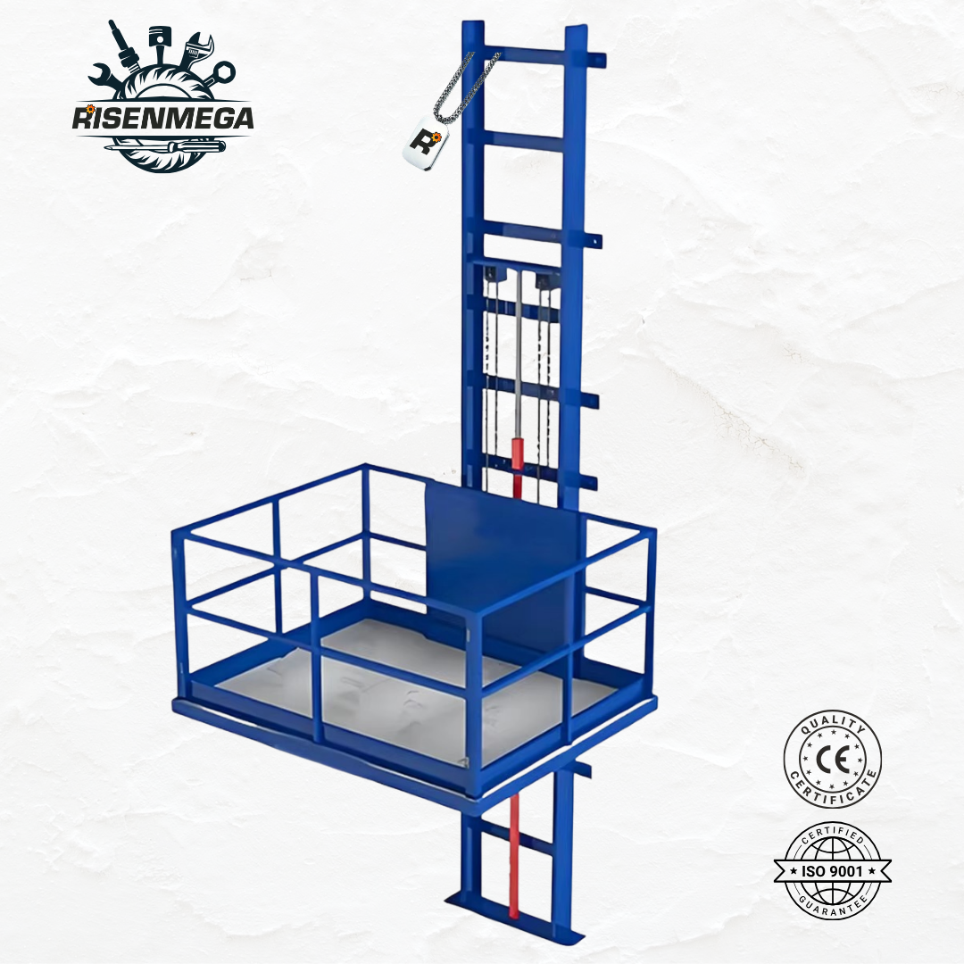 Risenmega 1-ton single rail hydraulic cargo lift installed in warehouse – 2 to 12 meter lifting height