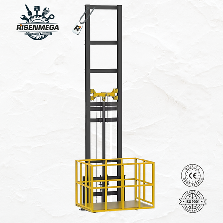 Risenmega 1-ton single rail hydraulic cargo lift installed in warehouse – 2 to 12 meter lifting height
