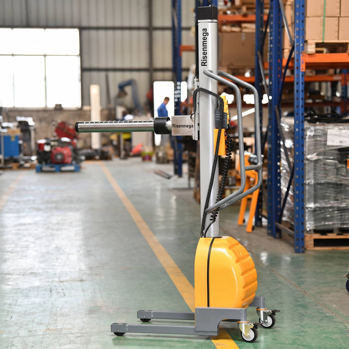 Risenmega ES150 electric roll stacker with roller pusher arm