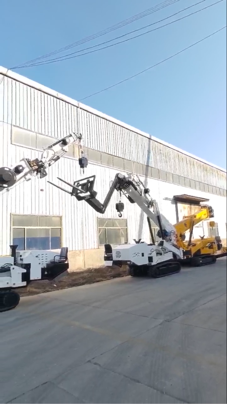 Risenmega spider crane fitted with a fork attachment for lifting palletized loads to roofs and upper floors